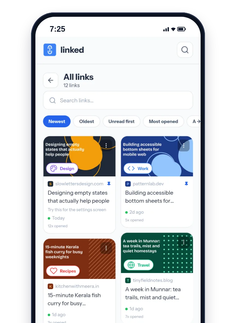 Linked showing saved links as cards with pictures, collection labels and how many times each was opened